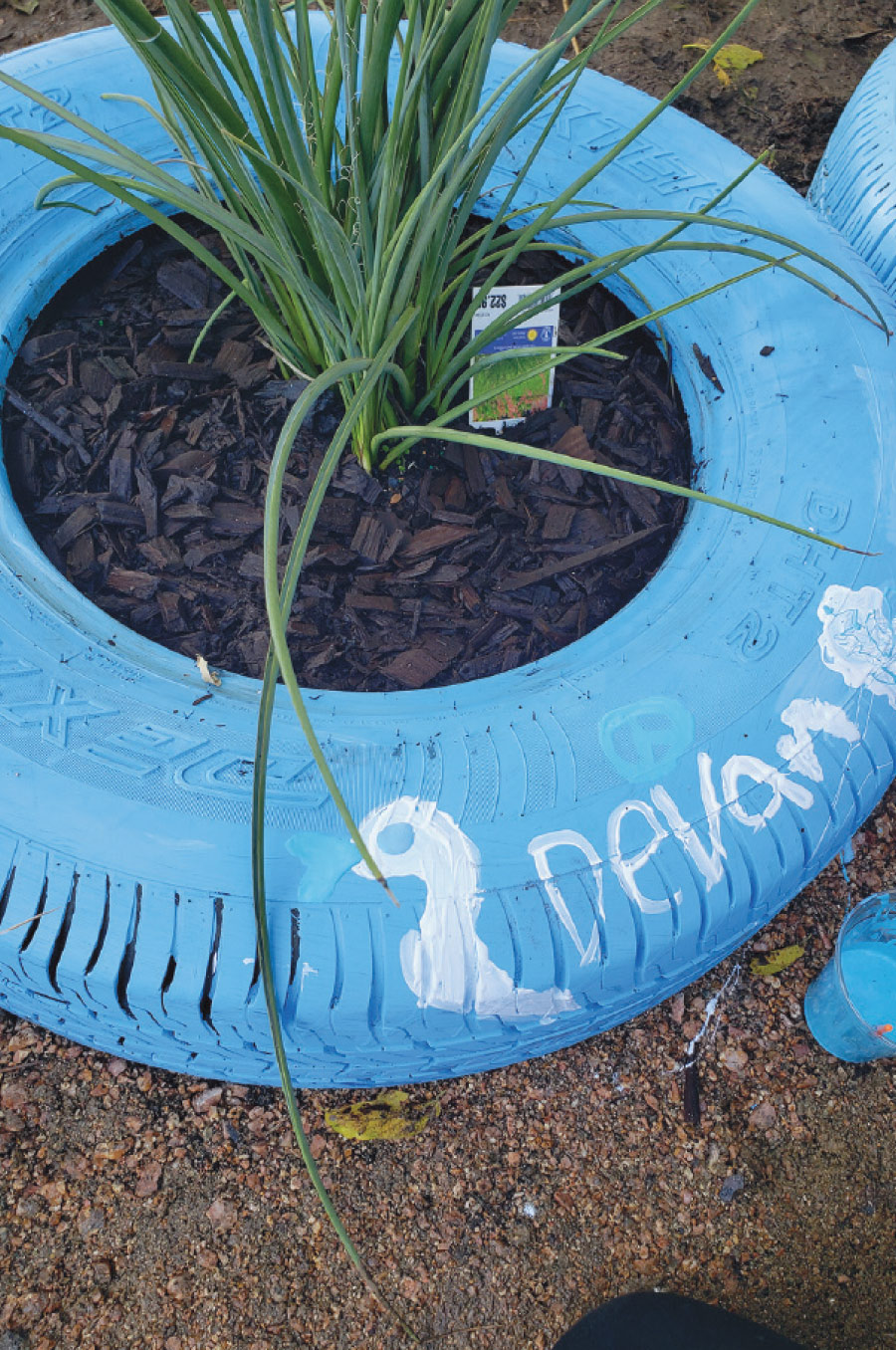 bat garden tire painted blue