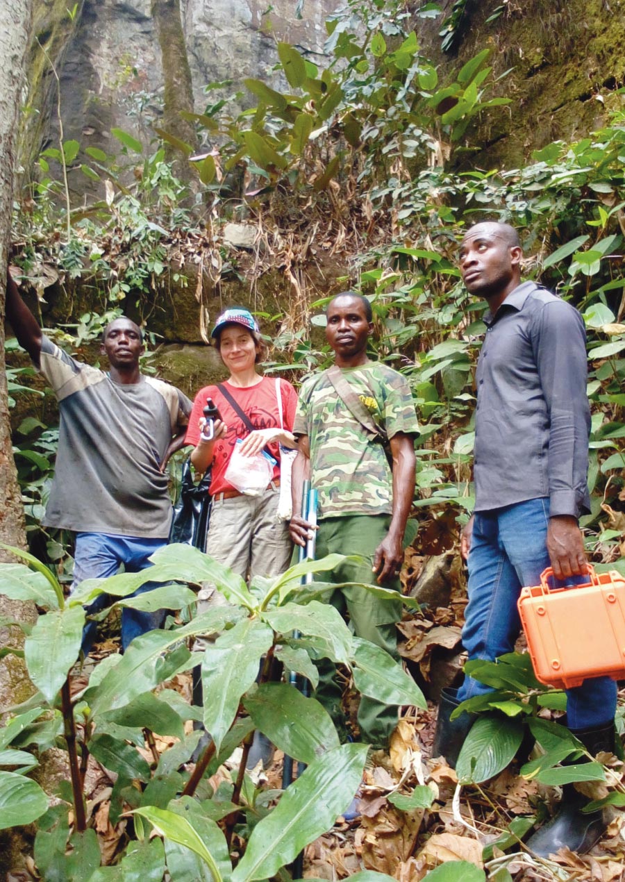 Survey team at Mont Bero searching for openings and suitable bat habitats