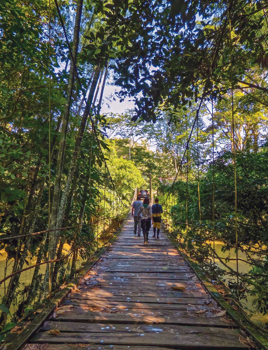 research team crossing a hanging bridge