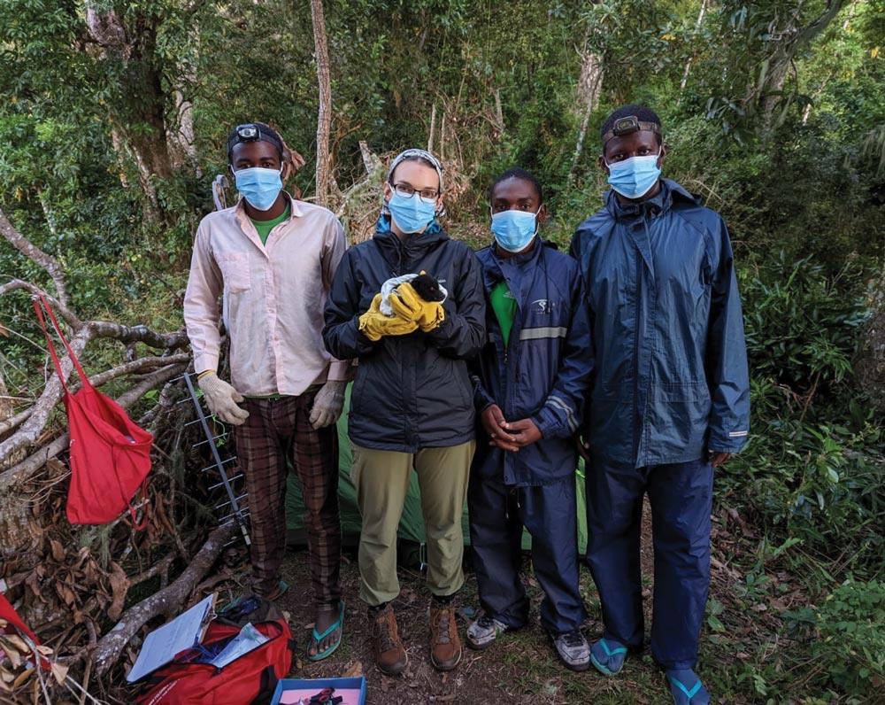 group of people wearing medicals masks in a forest while researching bats