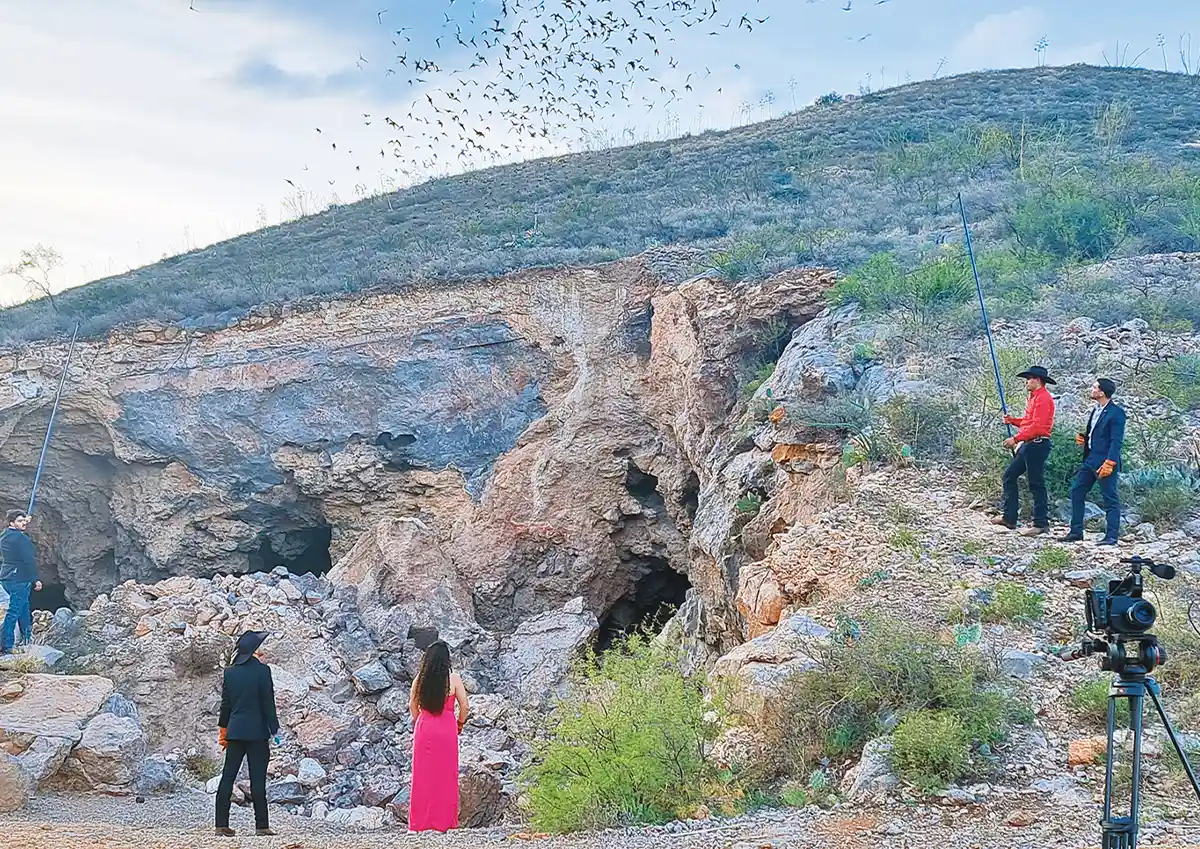 university students wearing standing in front of a cave to watch the bats emerge