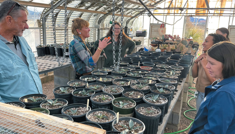 Texas Agave Partners standing around potted plants at a nursery
