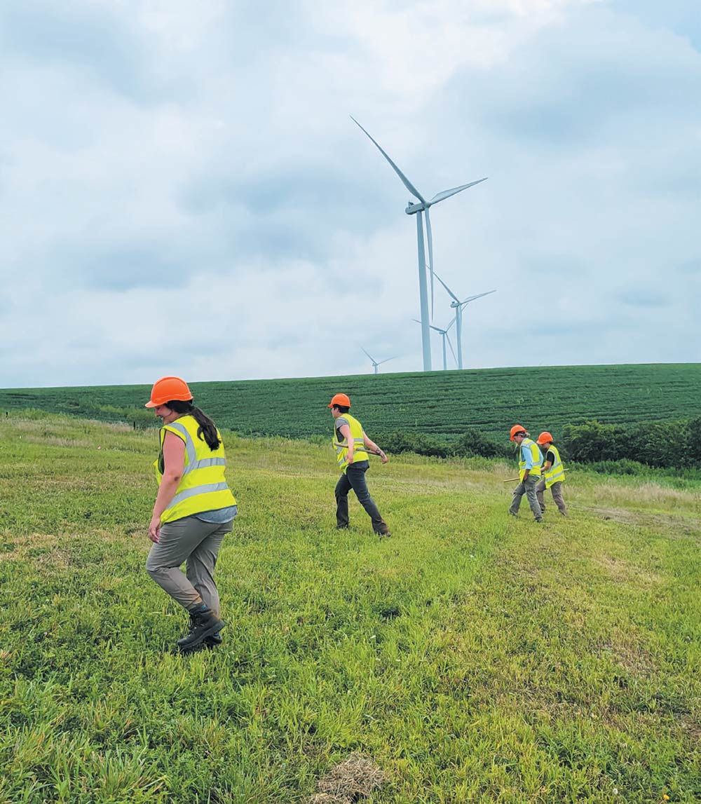 Four people in safety gear walk across a grassy field with wind turbines in the background.