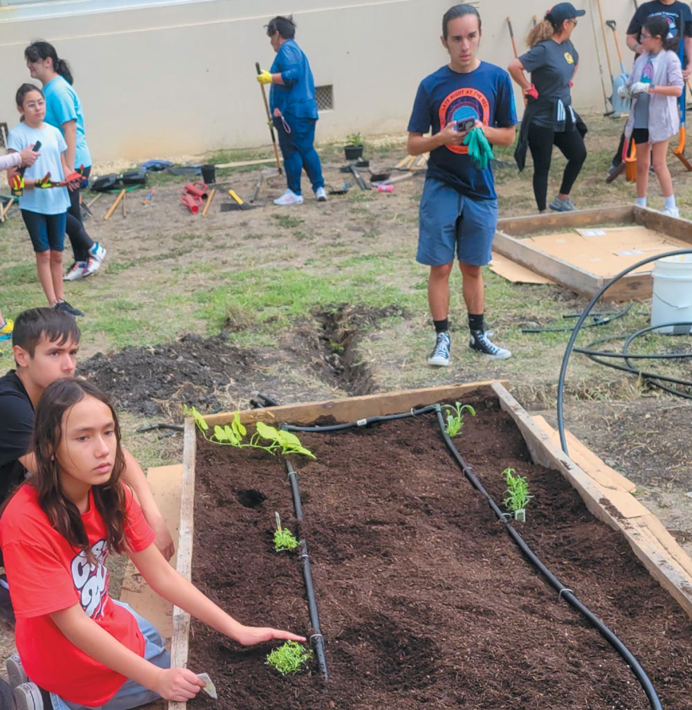 People planting in an outdoor garden with raised beds and drip irrigation.