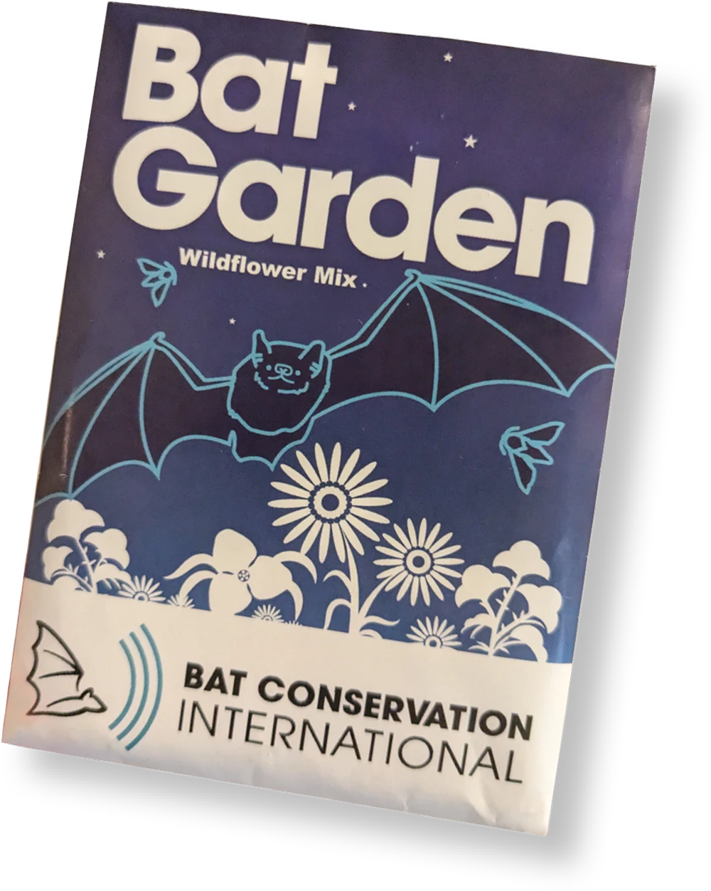 Packet labeled "Bat Garden Wildflower Mix" with floral and bat illustrations.