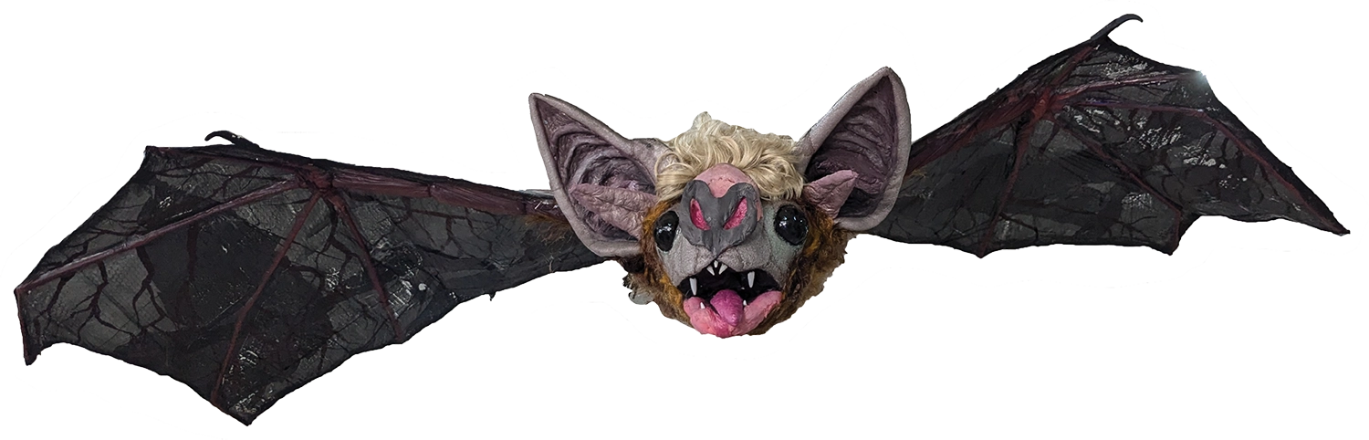 A stylized bat with large ears, a pink nose, and outstretched webbed wings.