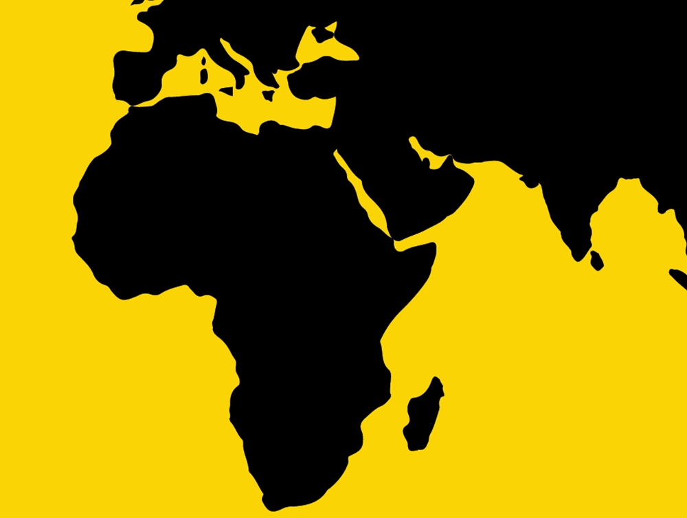 Stylized map of Africa, Europe, and the Middle East in black on a yellow background.