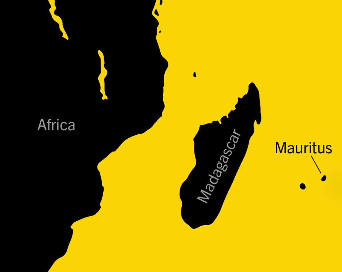 A simple map of the coast of Africa and the Indian Ocean, in which land is black and water is yellow. The black landmasses are labeled "Africa" and "Madagascar." To the east of Madagascar, two small black dots represent islands, with a line pointing to them and the text "Mauritius" next to it.
