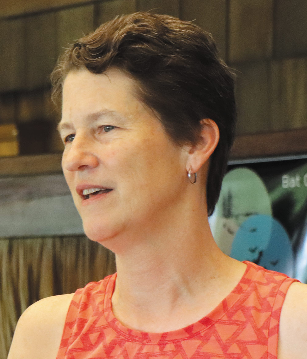 A head-and-shoulders portrait of Nancy Simmons, Ph.D., who is looking slightly off-camera and to the left. She is a white woman with short, brown hair, wearing a patterned sleeveless red-orange top and a small silver hoop earring. A partially visible banner or sign is in the blurry background on the right.