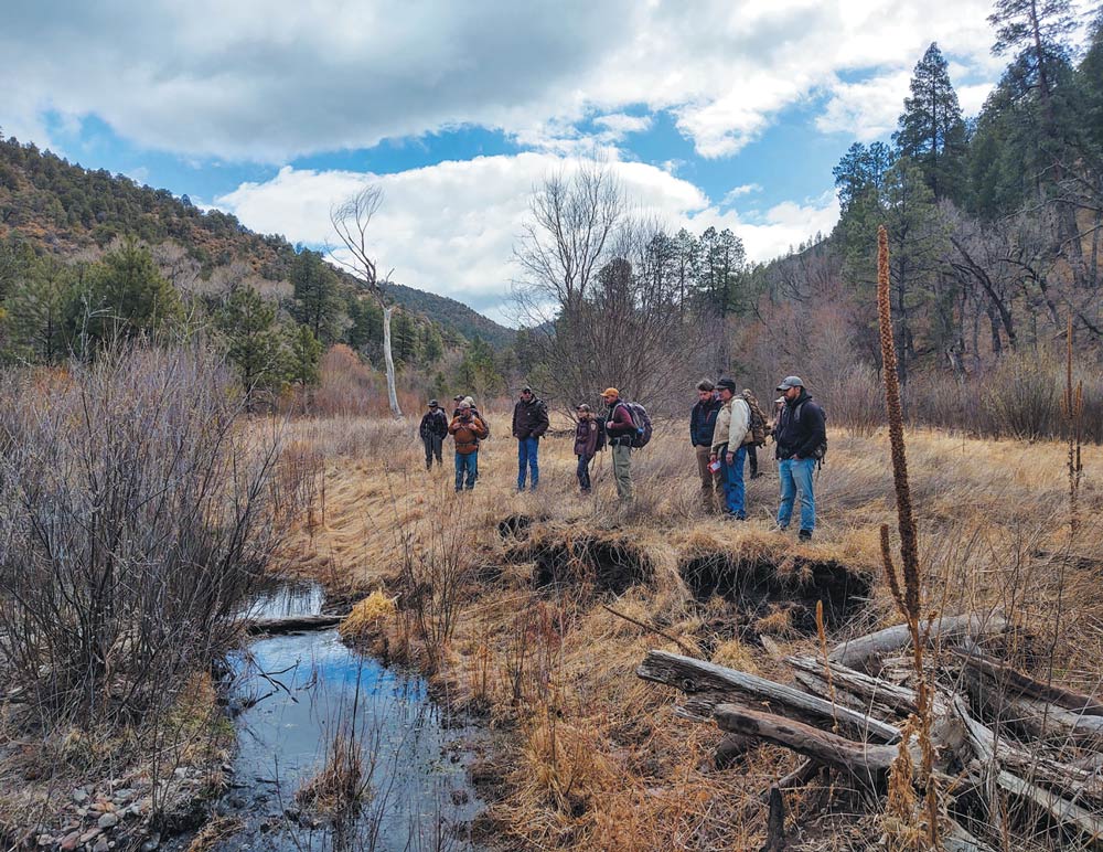 A group of people in hiking gear stand near a small stream in a mountain valley. The landscape is filled with dormant winter grasses, bare trees, and evergreen pines under a cloudy sky.