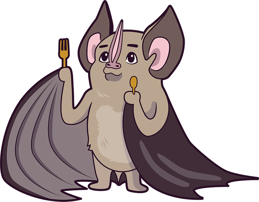 digitally drawn bat holding a fork and spoon