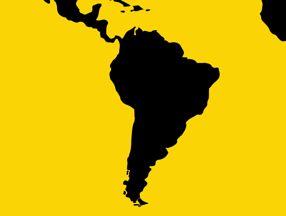 A high-contrast graphic map showing the silhouette of South America and Central America in black against a bright yellow background, used to indicate the species' native range.
