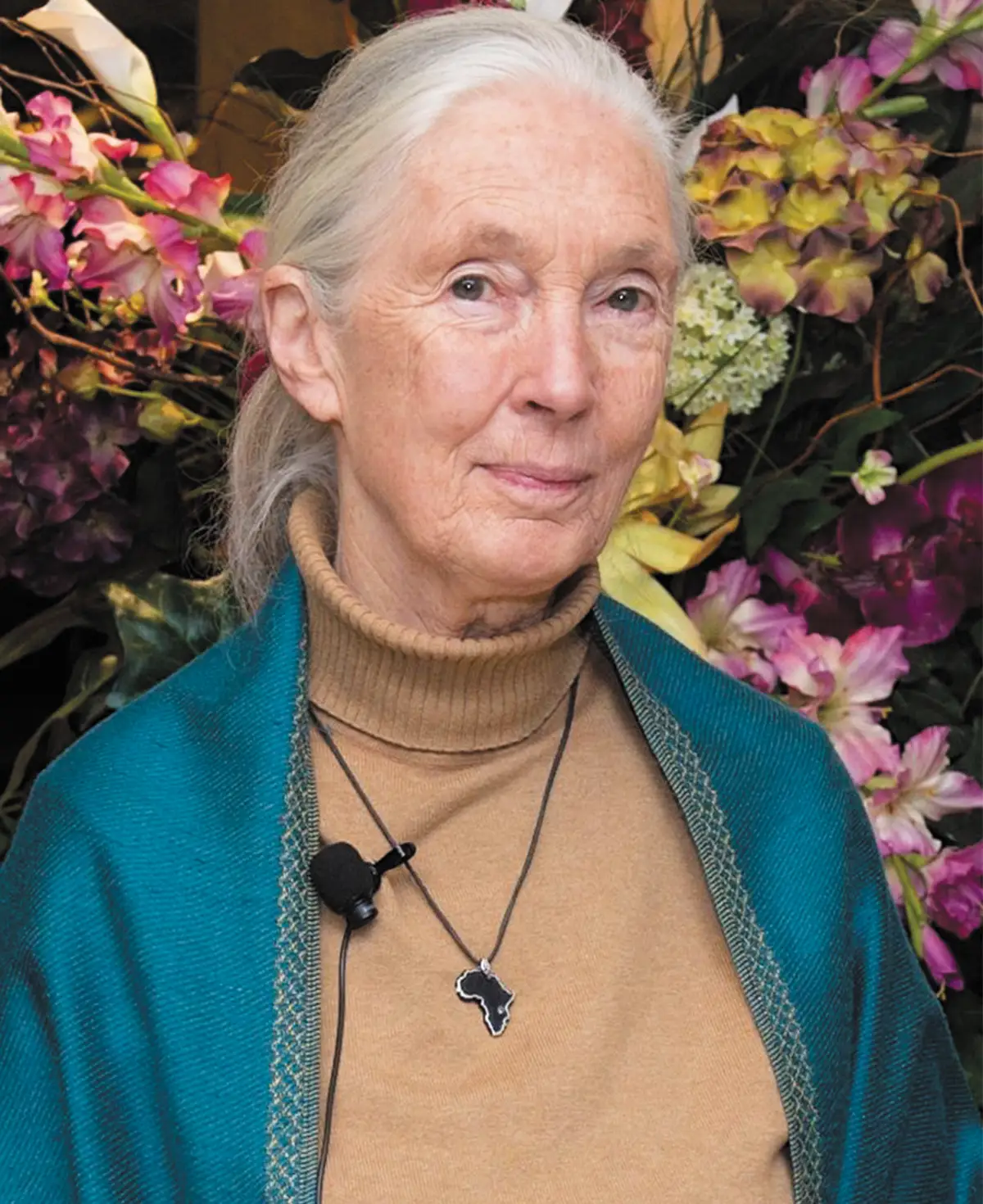 A portrait of Dr. Jane Goodall wearing a tan turtleneck and a teal shawl