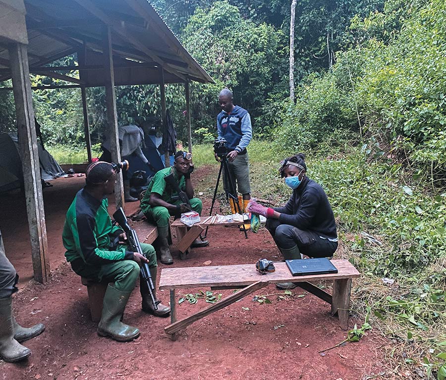 BCI Student Scholar Aïcha Gomeh-Djame and eco-guards from Lobéké National Park processing bats in the early morning that were captured the night before. 