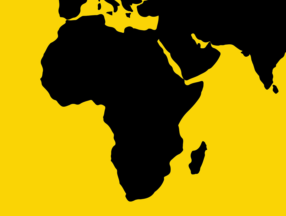 Black graphic silhouette map of Africa, the Middle East, and parts of Europe against yellow.